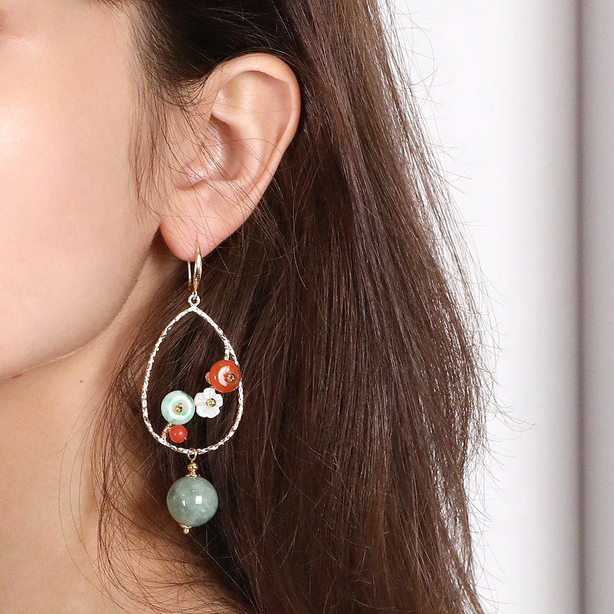 Jade and Carnelian Flower Teardrop Earrings