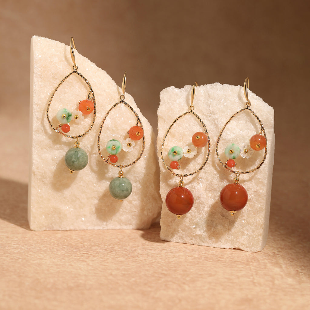 Jade and Carnelian Flower Teardrop Earrings