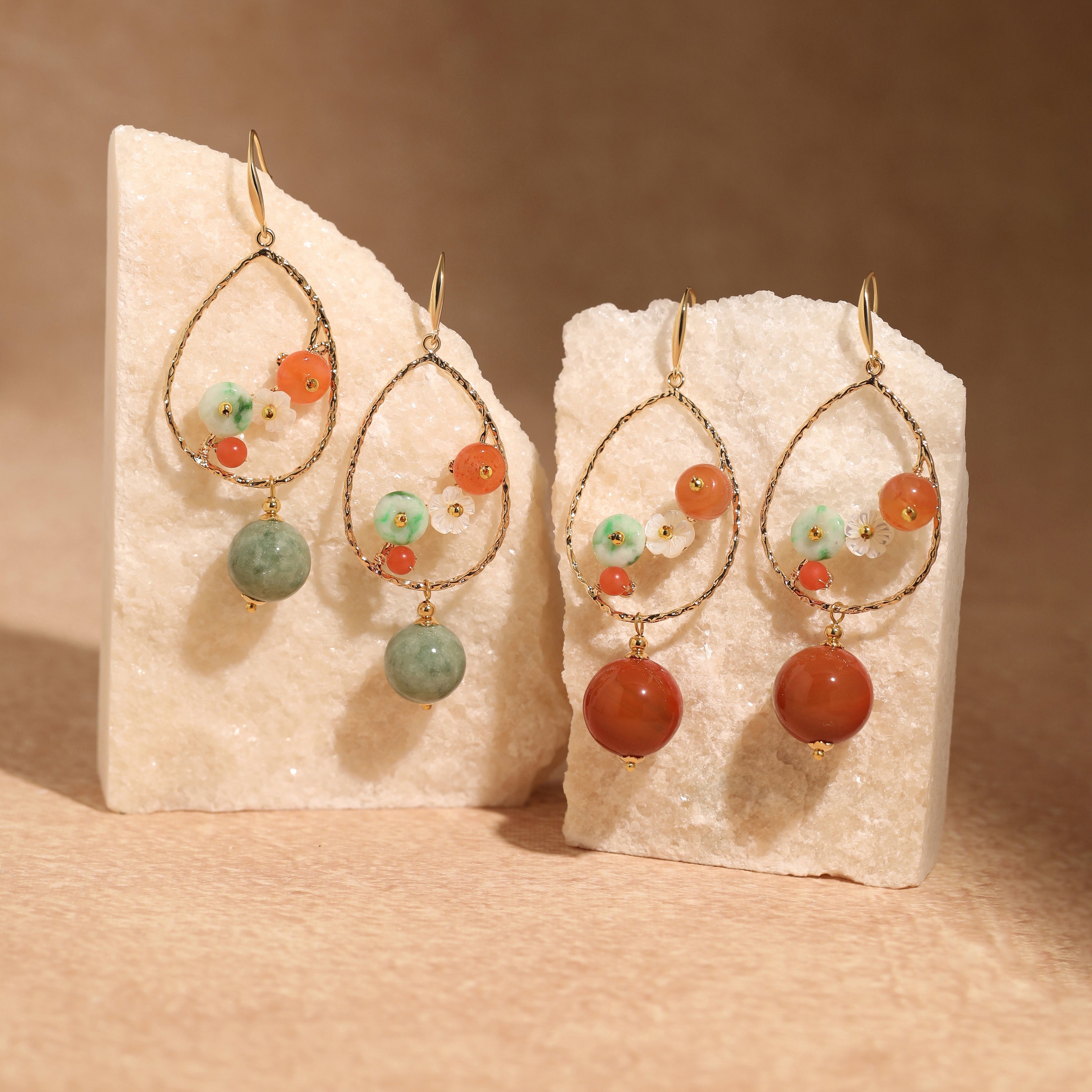 Jade and Carnelian Flower Teardrop Earrings