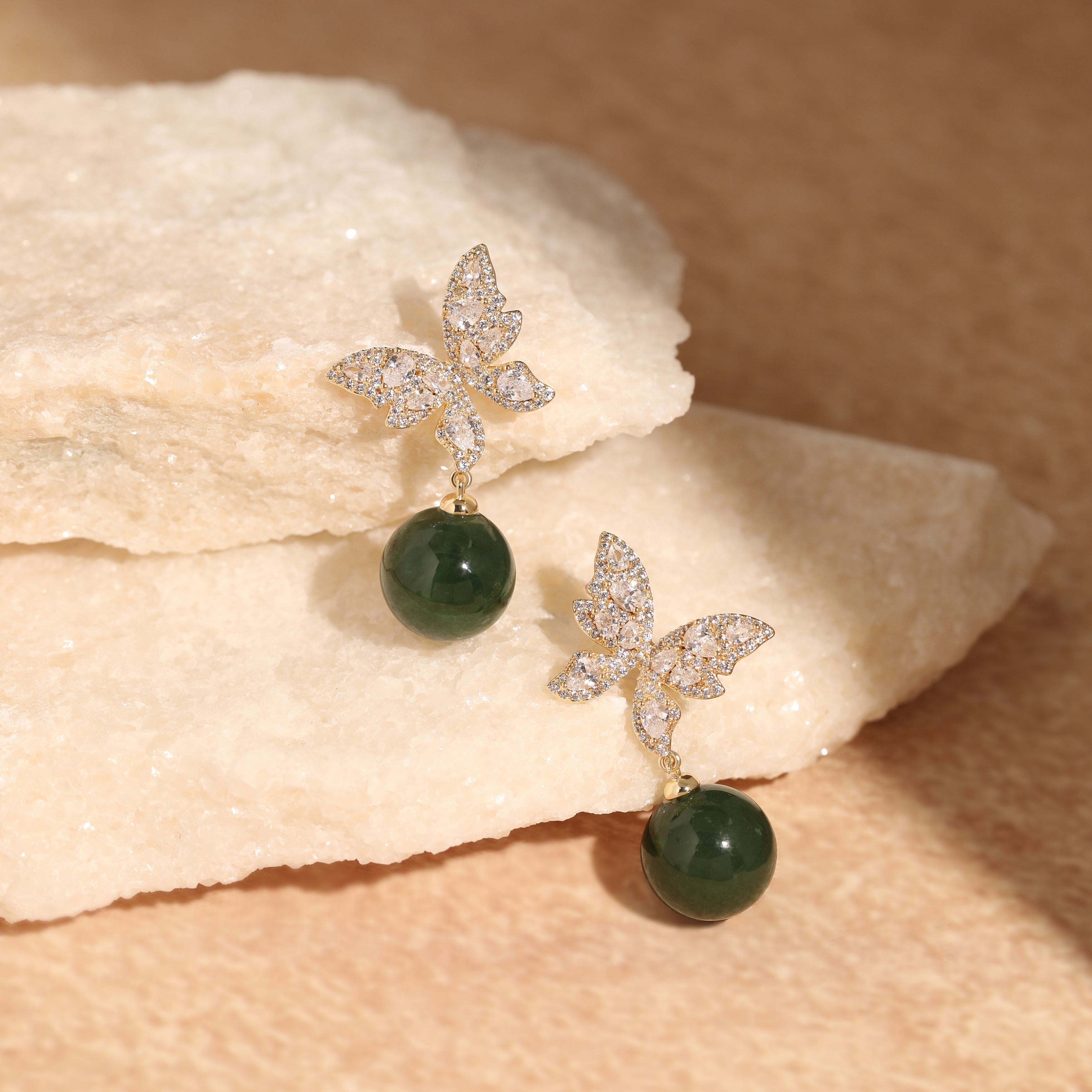 Green Jade Butterfly Drop Earrings