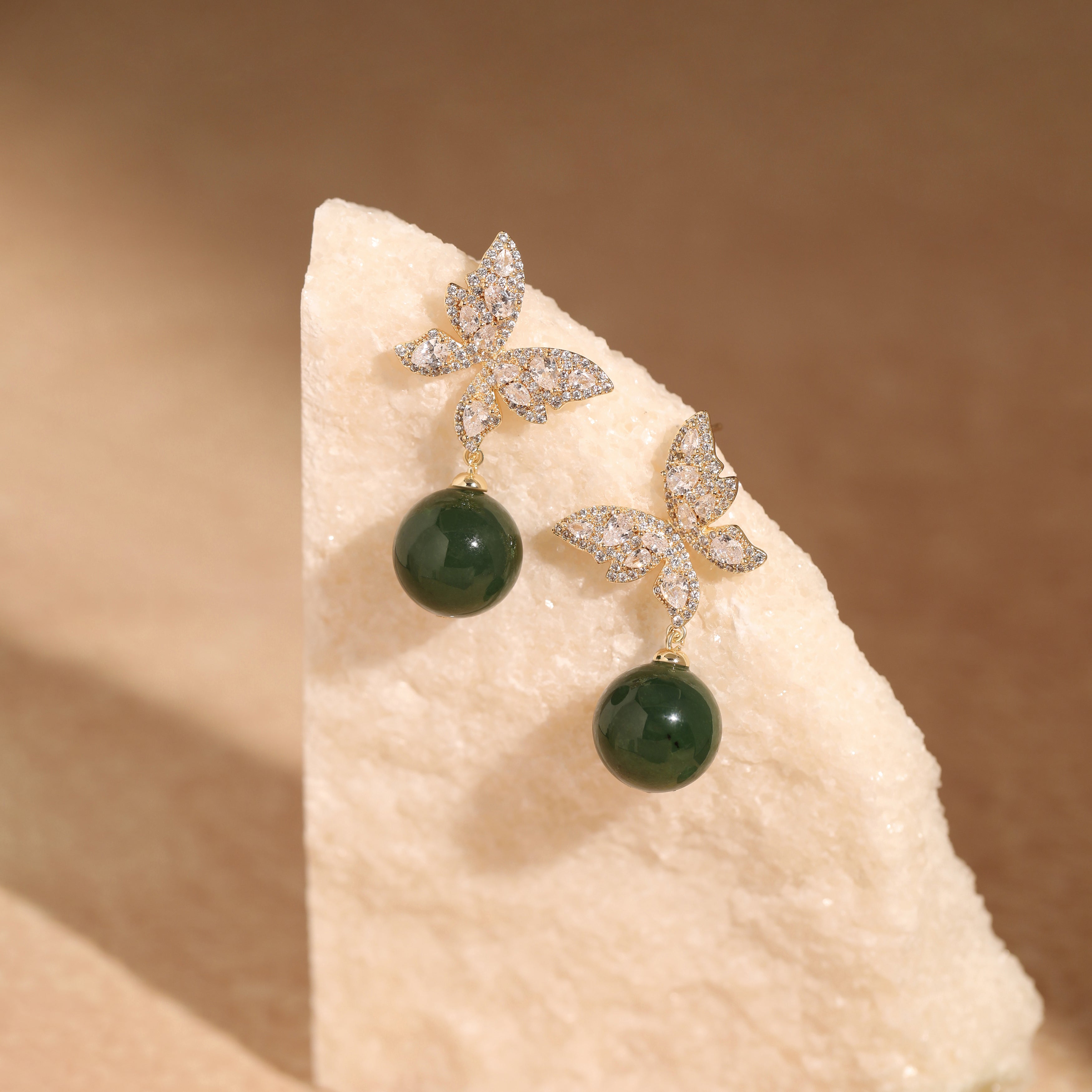 Green Jade Butterfly Drop Earrings