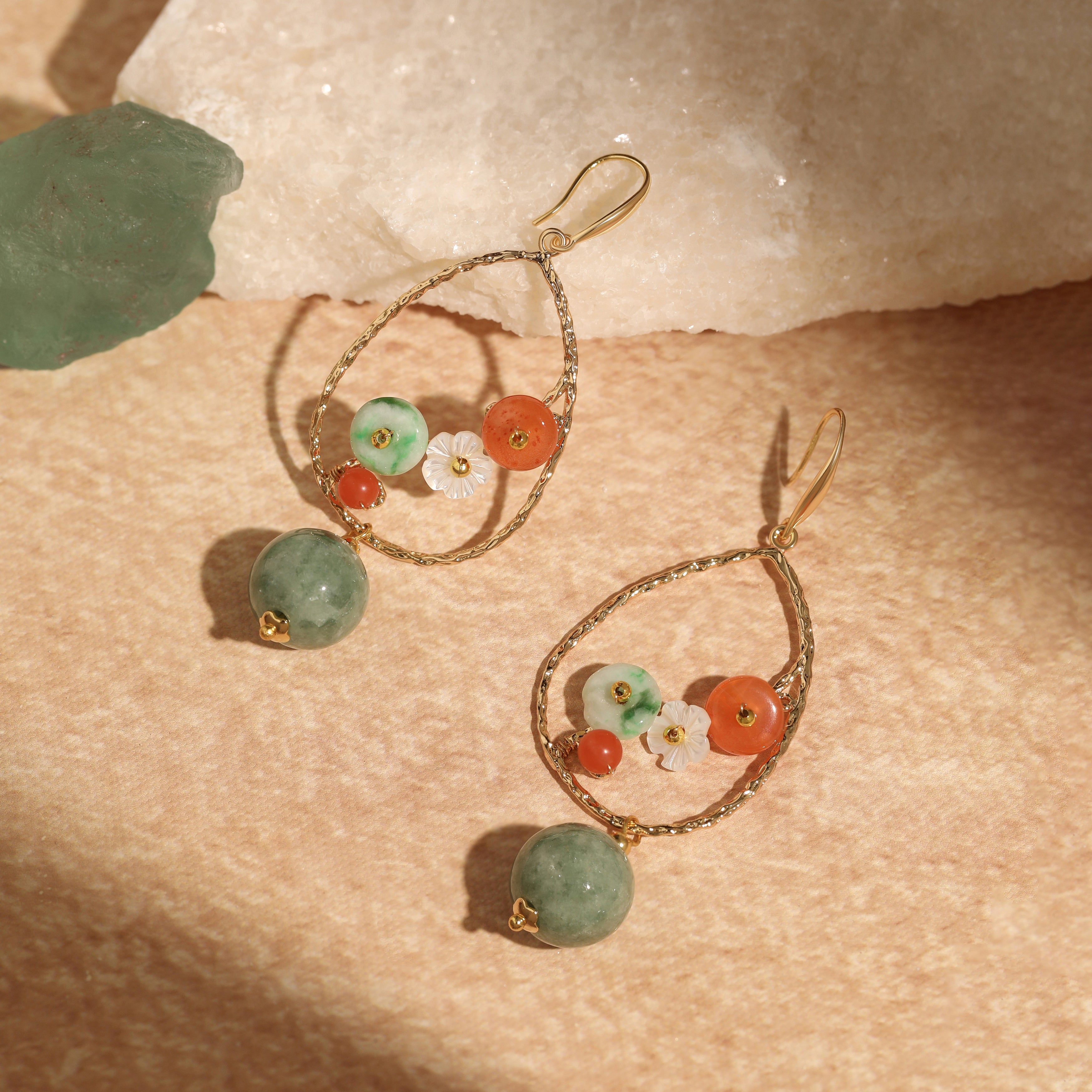 Jade and Carnelian Flower Teardrop Earrings