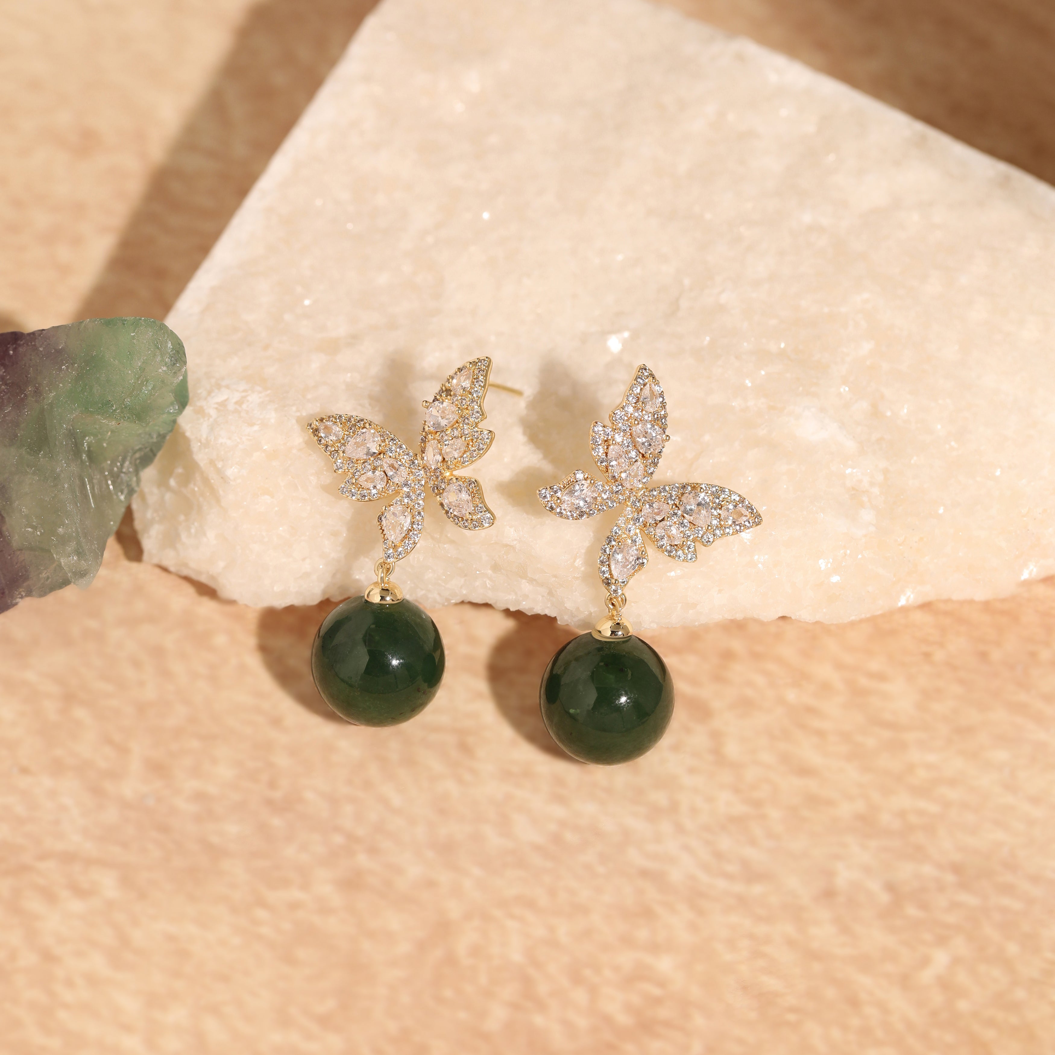 Green Jade Butterfly Drop Earrings