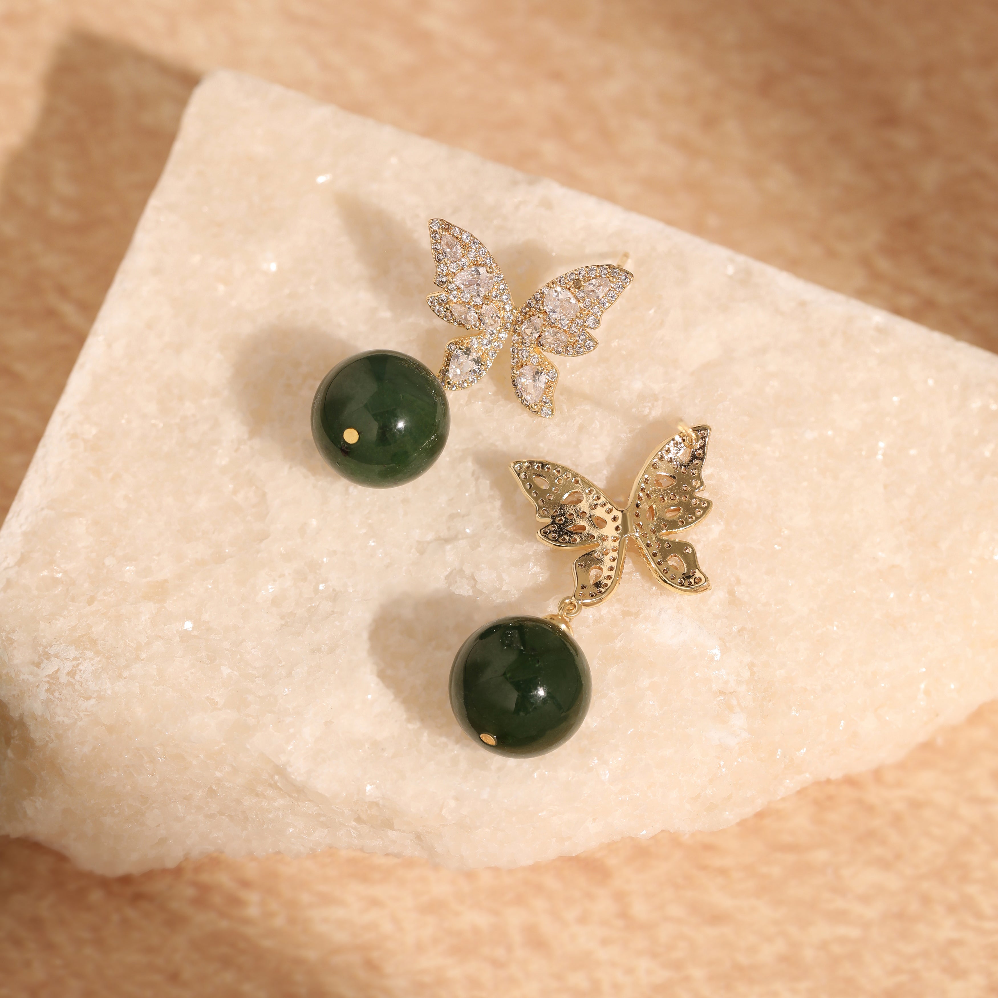 Green Jade Butterfly Drop Earrings