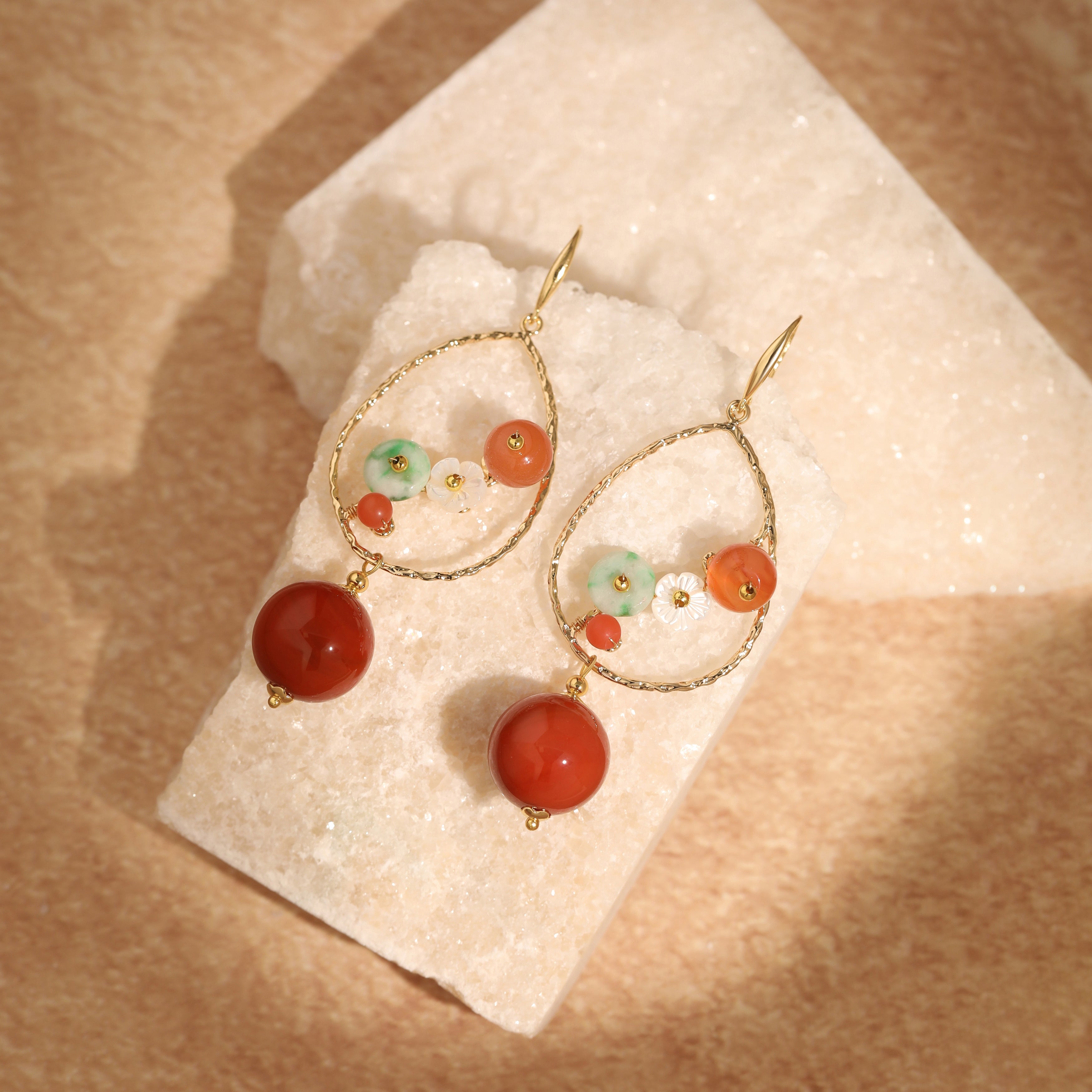 Jade and Carnelian Flower Teardrop Earrings