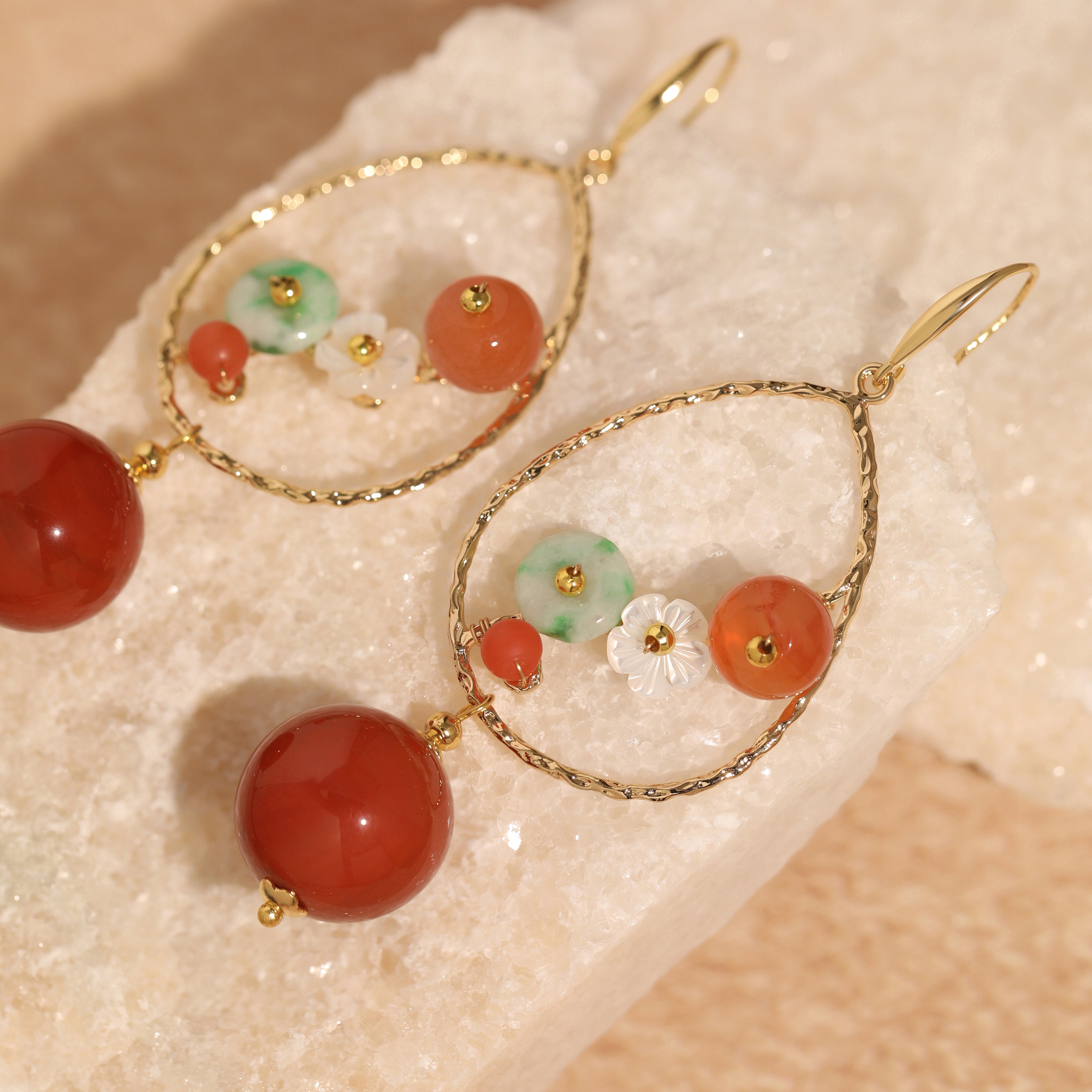 Jade and Carnelian Flower Teardrop Earrings