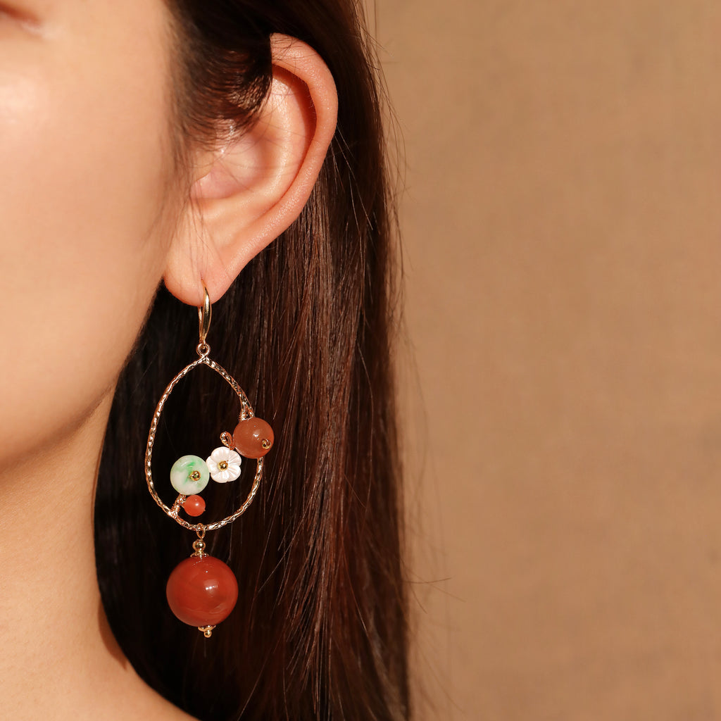 Jade and Carnelian Flower Teardrop Earrings