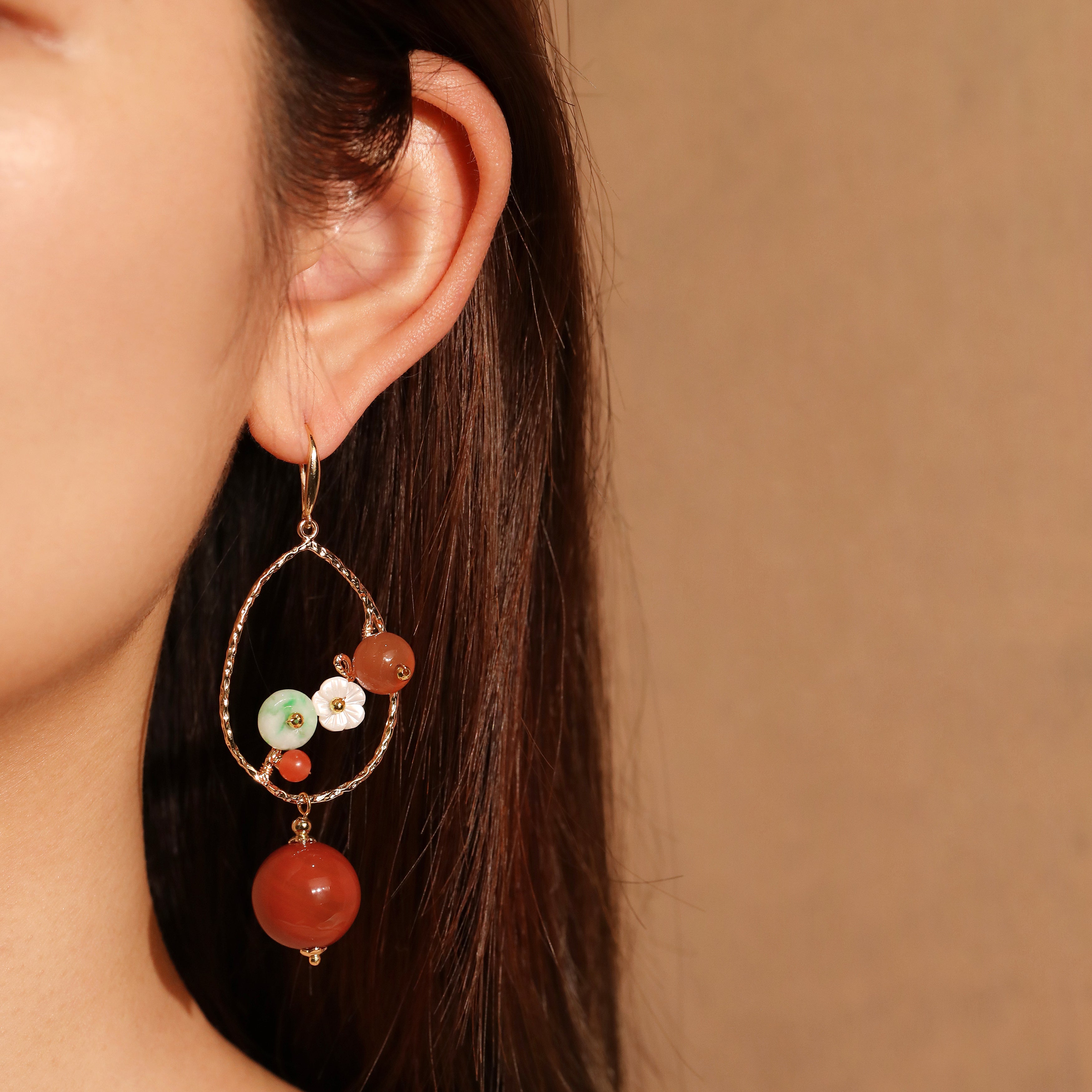 Jade and Carnelian Flower Teardrop Earrings