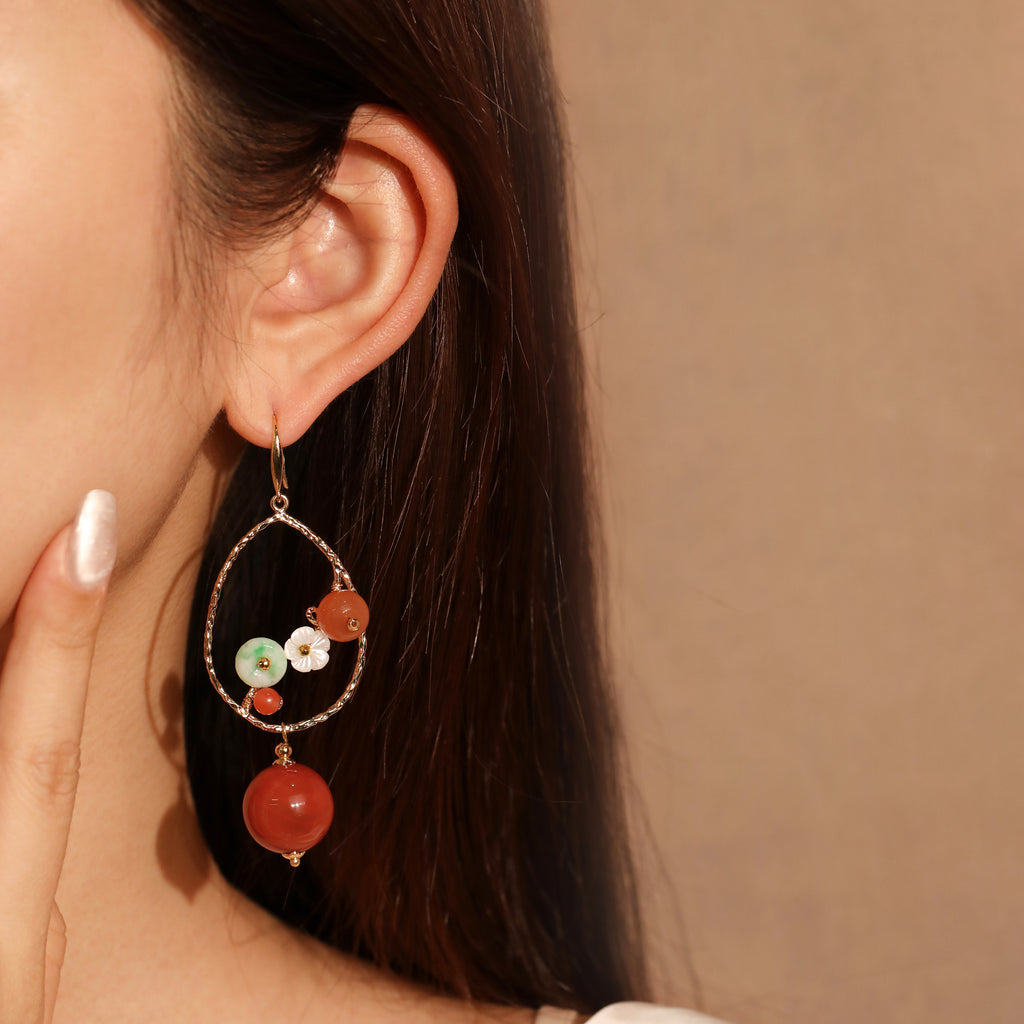 Jade and Carnelian Flower Teardrop Earrings