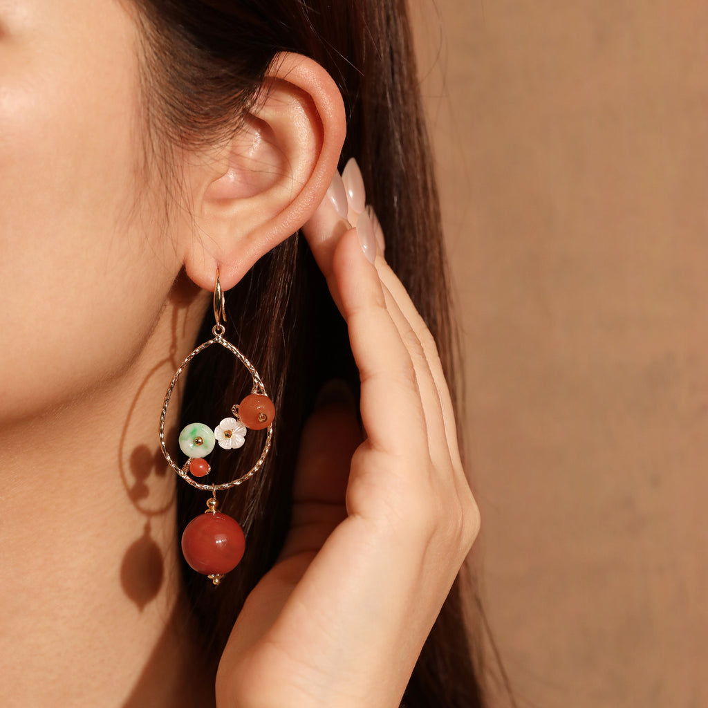 Jade and Carnelian Flower Teardrop Earrings