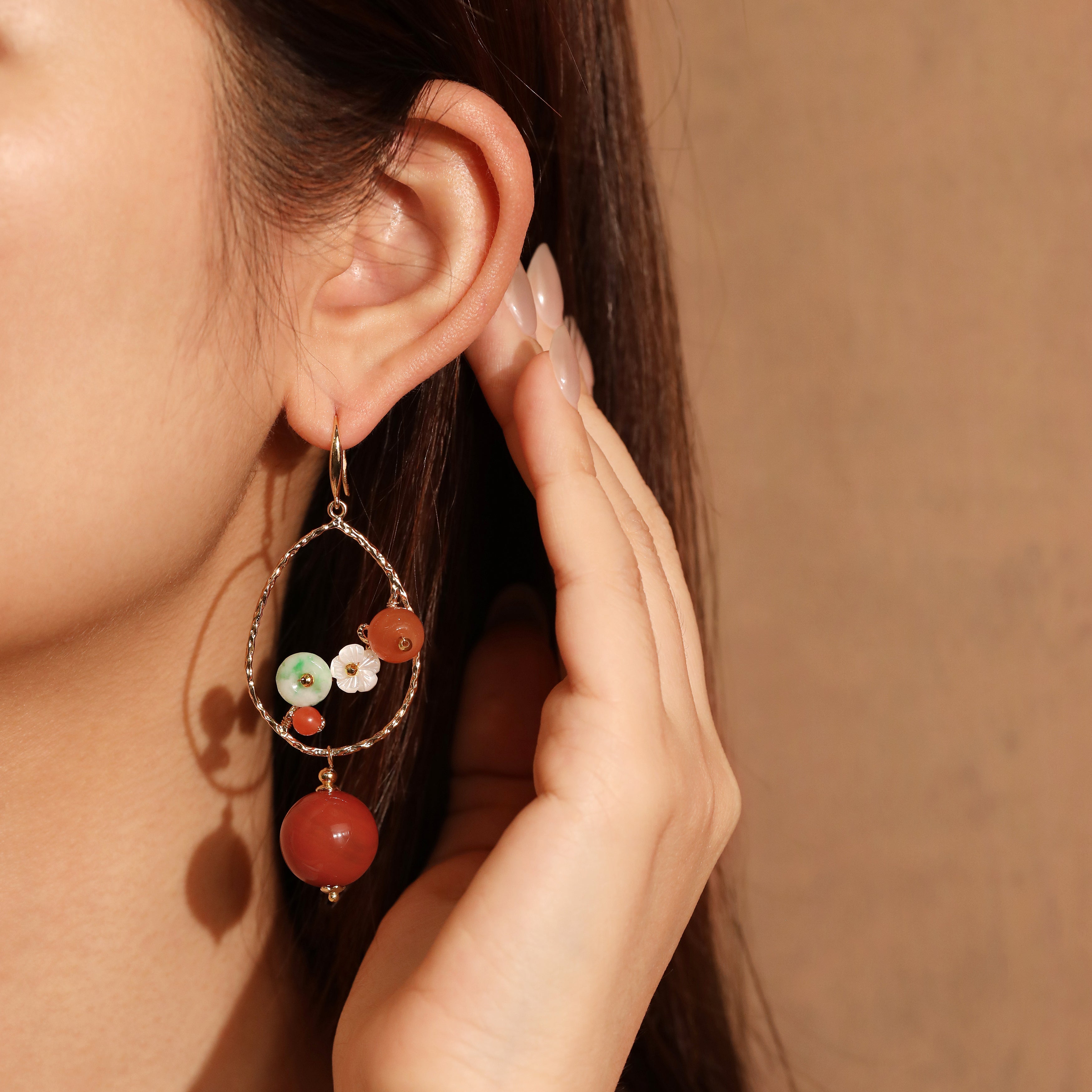Jade and Carnelian Flower Teardrop Earrings