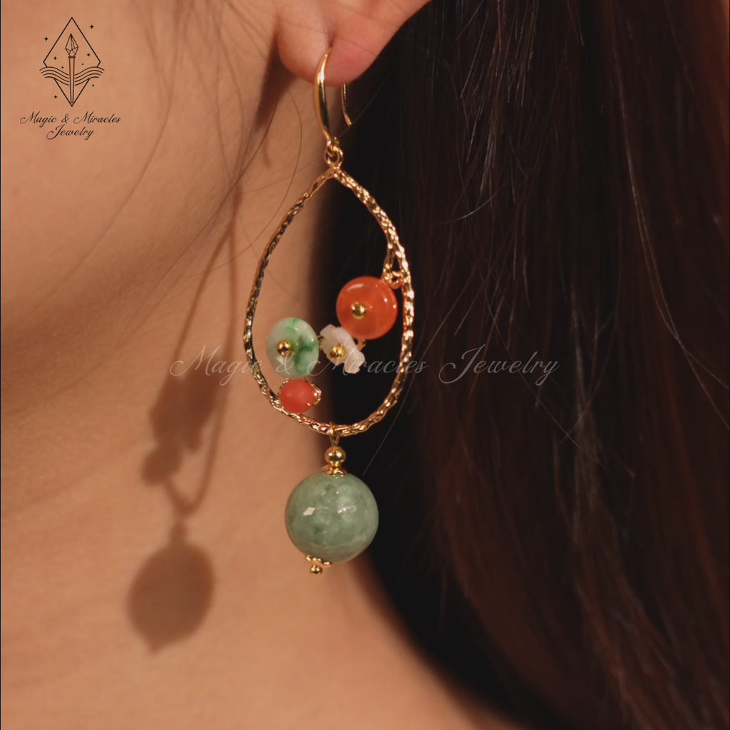 Jade and Carnelian Flower Teardrop Earrings