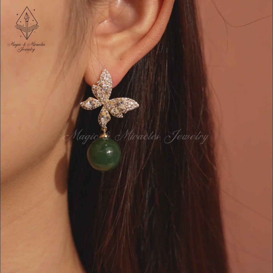 Green Jade Butterfly Drop Earrings